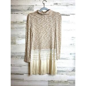 Altar’d State Women’s S Tan Cream Lace Long Sleeve Fringe Tunic Sweater Top